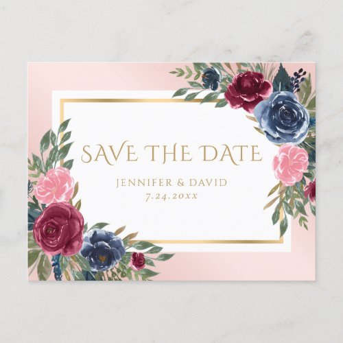 Navy Blue Burgundy Blush Pink Floral Save The Date Announcement Postcard