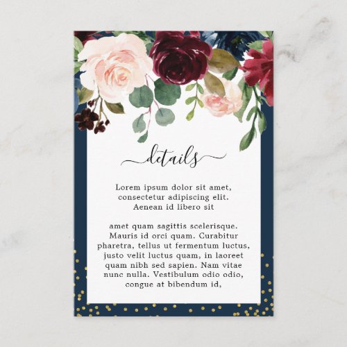 Navy Blue Burgundy Blush Pink Floral Wedding Enclosure Card