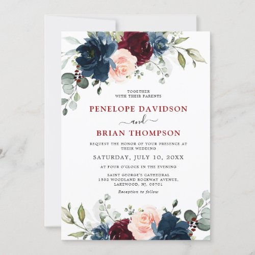 Navy Blue Burgundy Blush Pink Floral Wedding Invitation