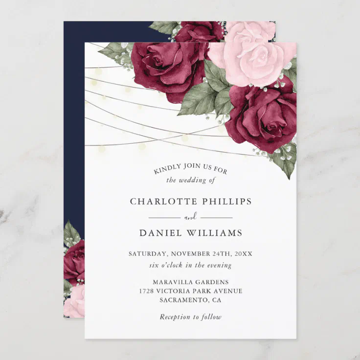 Navy Blue Burgundy Blush Pink Floral Wedding Invitation | Zazzle