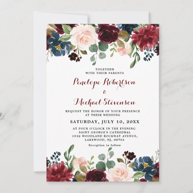 Navy Blue Burgundy Blush Pink Floral Wedding Invitation (Front)