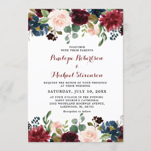 Navy Blue Burgundy Blush Pink Floral Wedding Invitation