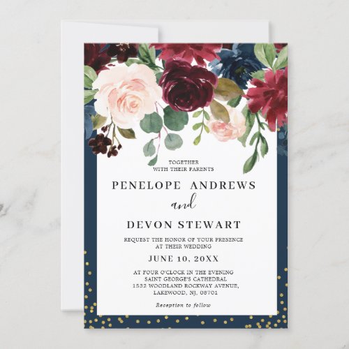 Navy Blue Burgundy Blush Pink Floral Wedding Invitation