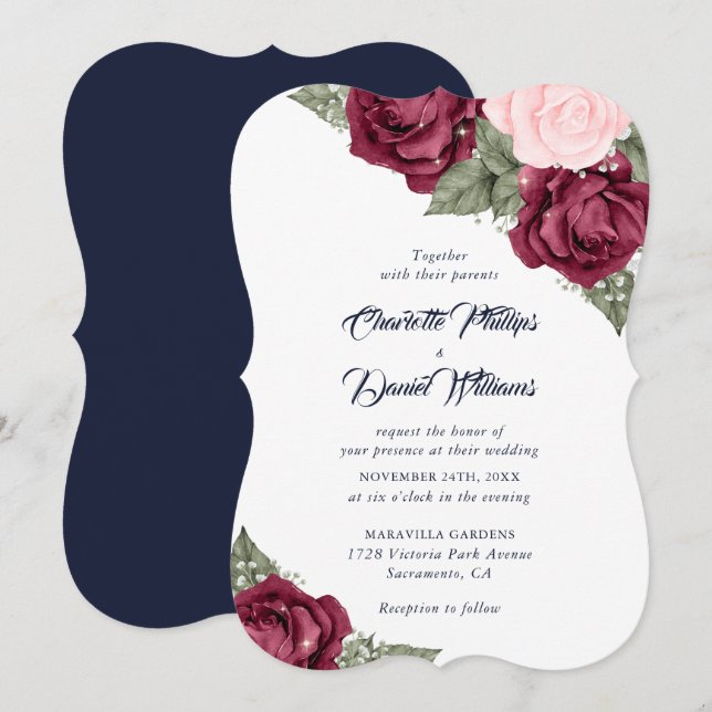 Navy Blue Burgundy Blush Pink Floral Wedding Invitation (Front/Back)