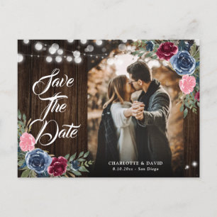 Navy Blue Burgundy Blush Pink Floral Wedding Photo Postcard