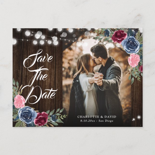 Navy Blue Burgundy Blush Pink Floral Wedding Photo Postcard (Front)