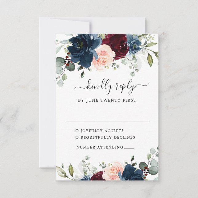 Navy Blue Burgundy Blush Pink Floral Wedding RSVP Card (Front)