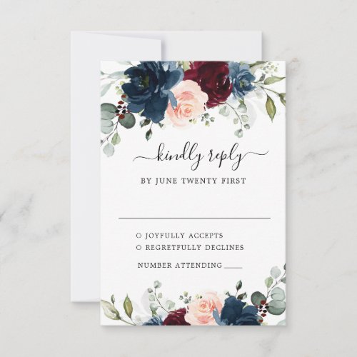 Navy Blue Burgundy Blush Pink Floral Wedding RSVP Card