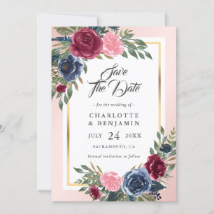 Navy Blue Burgundy Blush Pink Floral Wedding Save The Date