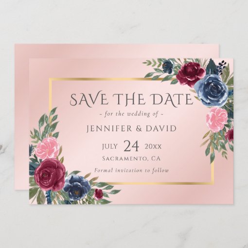 Navy Blue Burgundy Blush Pink Gold Floral Save The Date | Zazzle