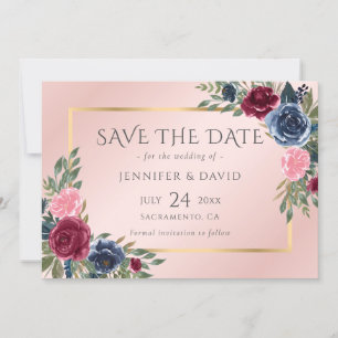 Navy Blue Burgundy Blush Pink Gold Floral Save The Date