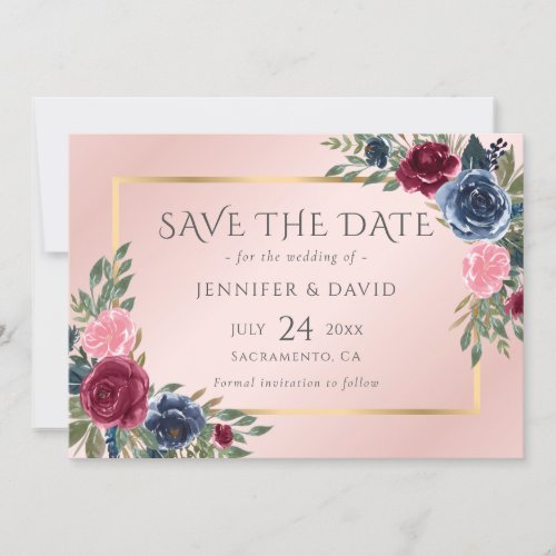 Navy Blue Burgundy Blush Pink Gold Floral Save The Date