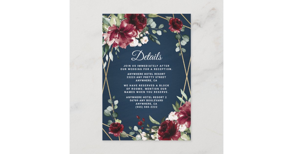 Navy Blue Burgundy Blush Pink Gold Floral Wedding Enclosure Card | Zazzle
