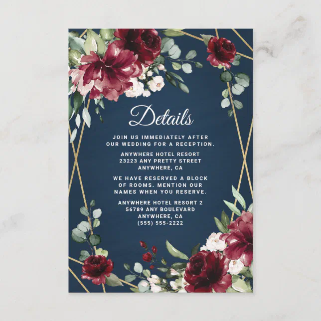 Navy Blue Burgundy Blush Pink Gold Floral Wedding Enclosure Card | Zazzle