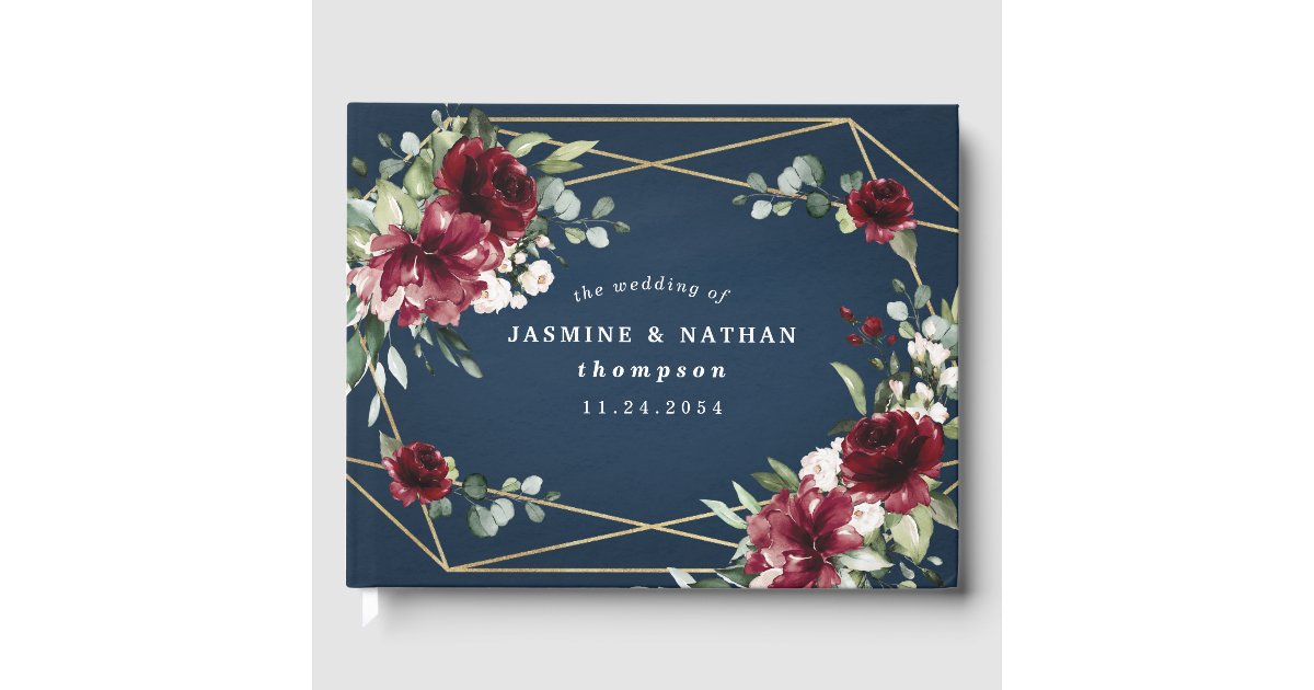 Navy Blue Burgundy Blush Pink Gold Floral Wedding Guest Book | Zazzle