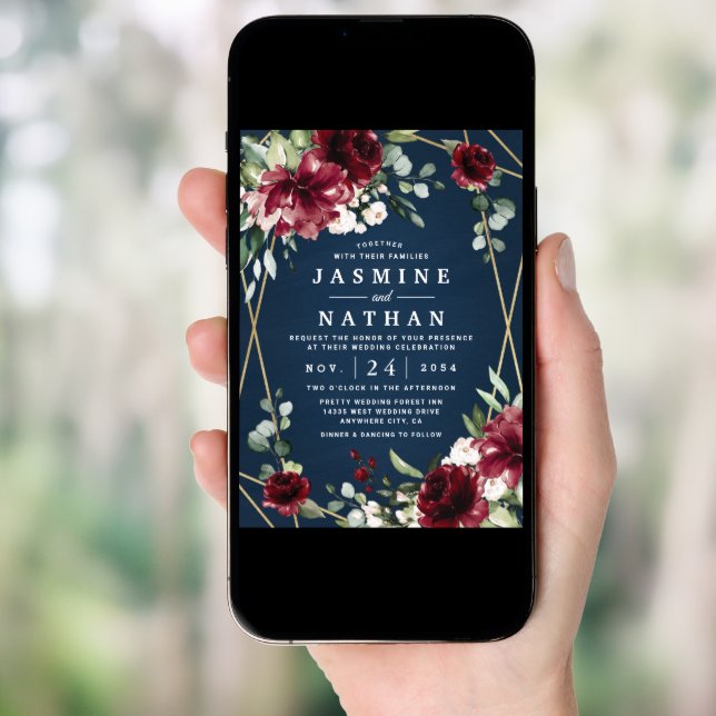 Navy Blue Burgundy Blush Pink Gold Floral Wedding Invitation (Front Digital)