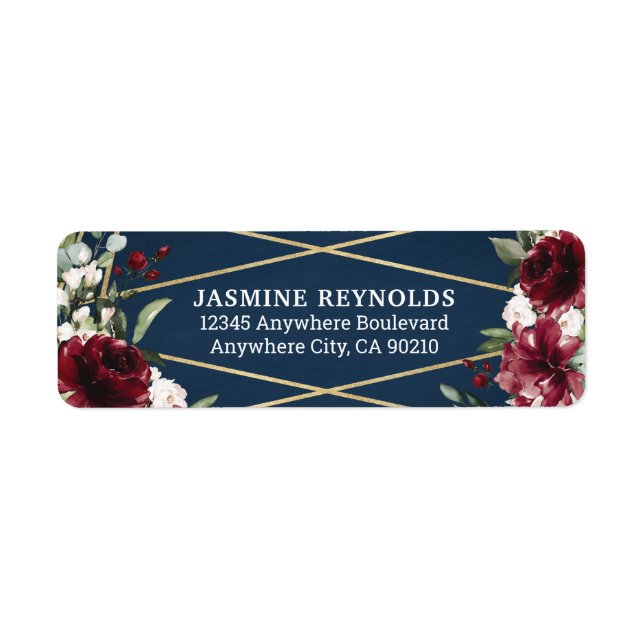 Navy Blue Burgundy Blush Pink Gold Floral Wedding Label (Front)