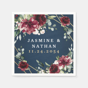 Navy Blue Burgundy Blush Pink Gold Floral Wedding Napkins