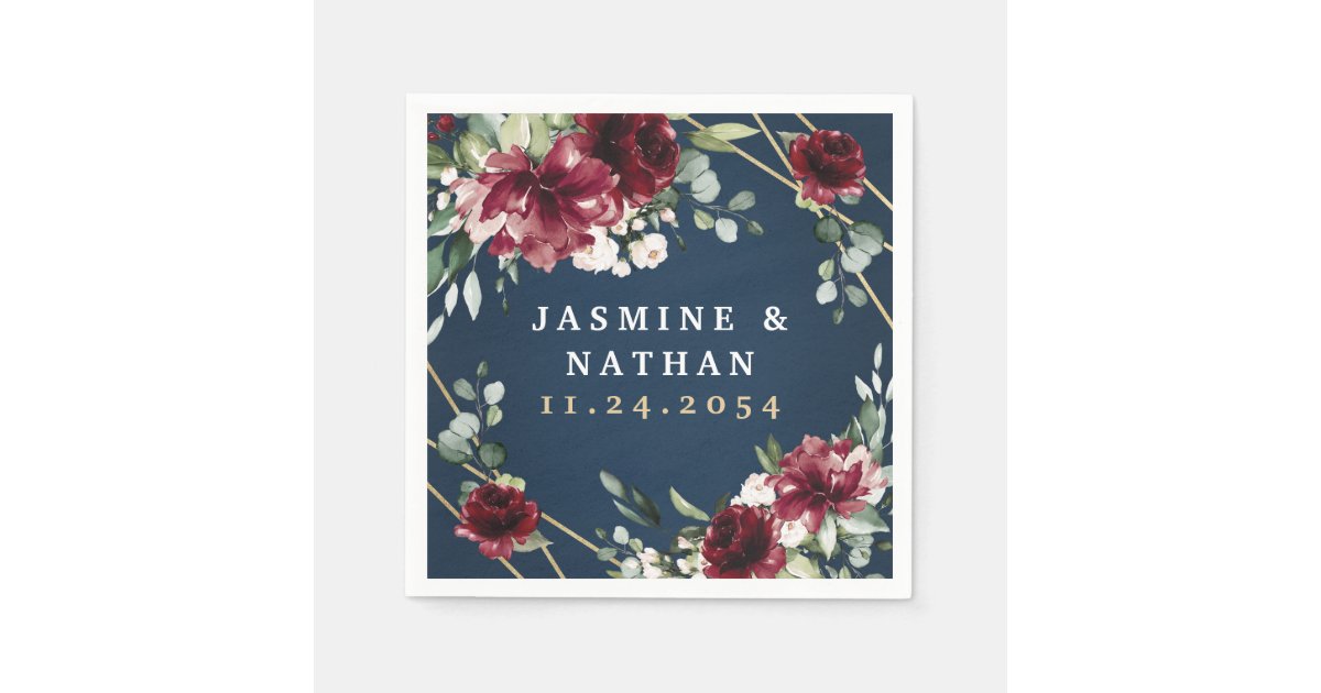 Navy Blue Burgundy Blush Pink Gold Floral Wedding Napkins | Zazzle