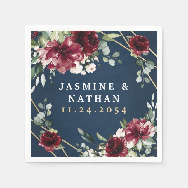 Navy Blue Burgundy Blush Pink Gold Floral Wedding Napkins (Front)