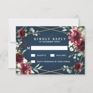 Navy Blue Burgundy Blush Pink Gold Floral Wedding RSVP Card