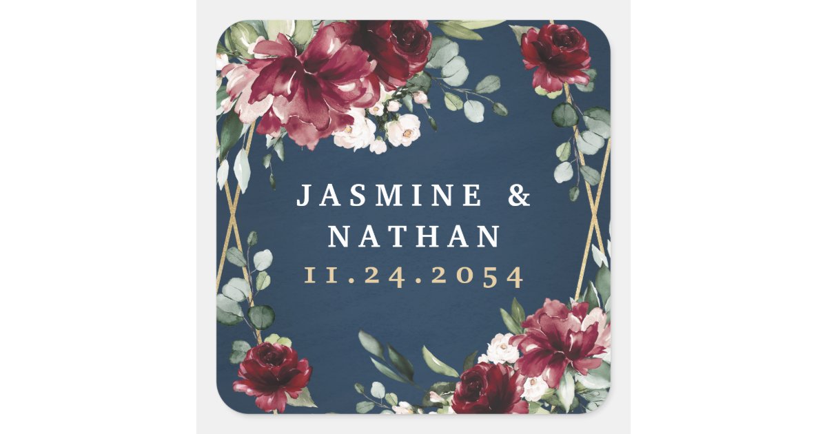 Navy Blue Burgundy Blush Pink Gold Floral Wedding Square Sticker | Zazzle