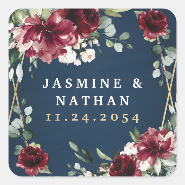 Navy Blue Burgundy Blush Pink Gold Floral Wedding Square Sticker | Zazzle