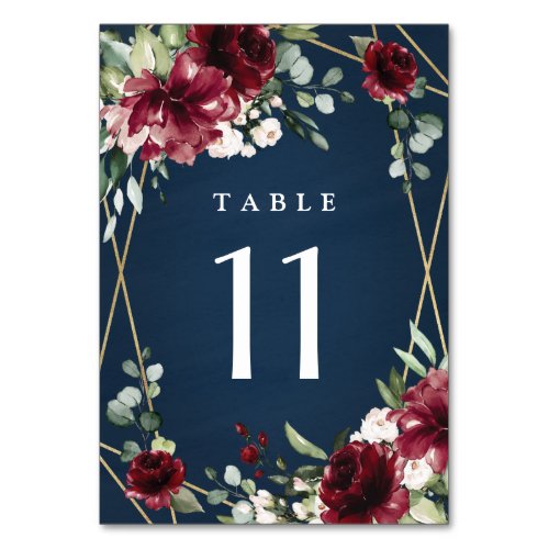 Navy Blue Burgundy Blush Pink Gold Floral Wedding Table Number