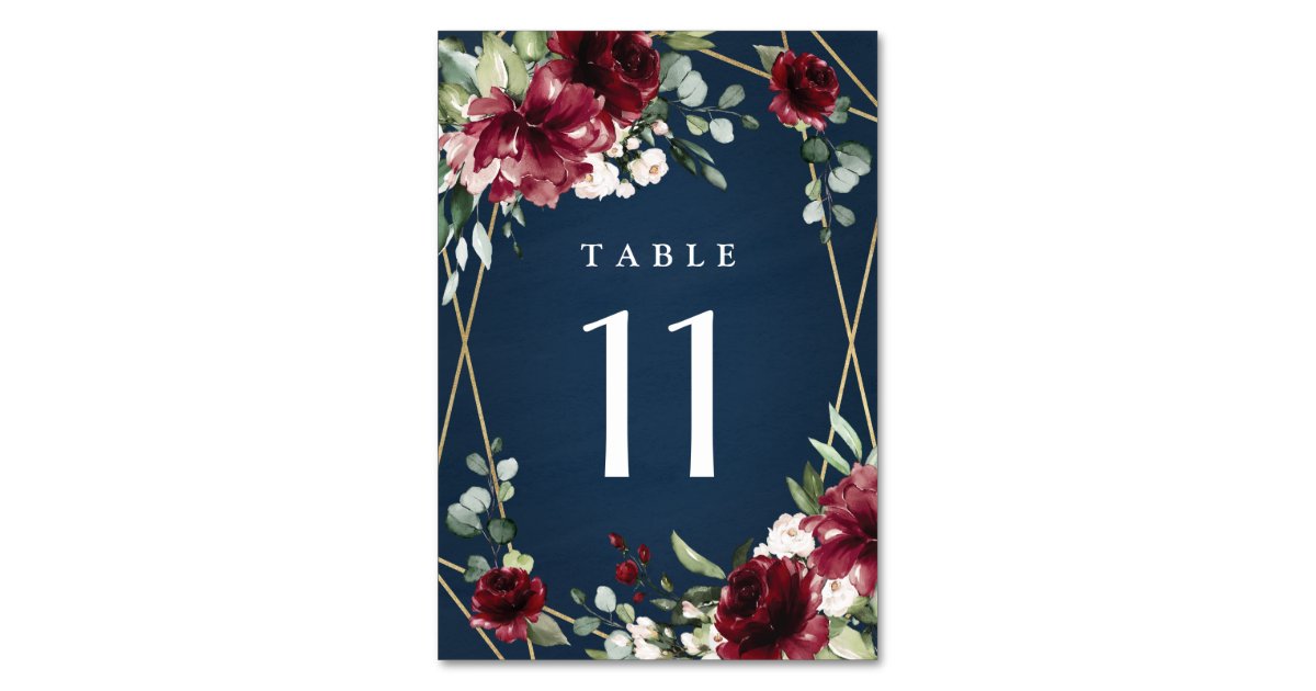 Navy Blue Burgundy Blush Pink Gold Floral Wedding Table Number | Zazzle
