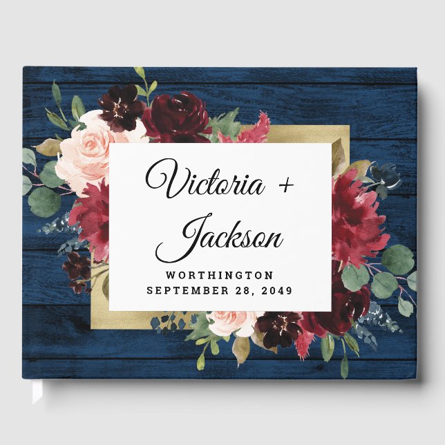 Navy Blue Burgundy Blush Pink Gold Rustic Wedding Guest Book (Front)