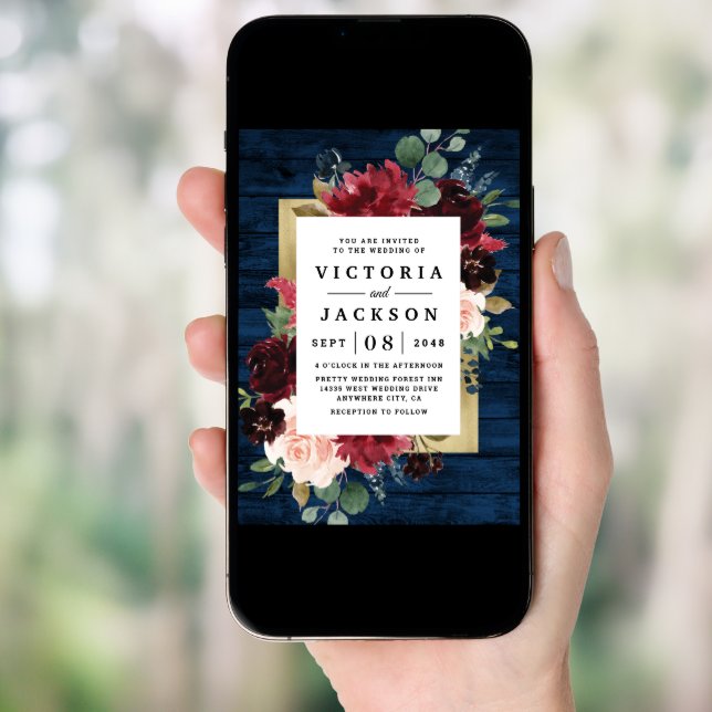 Navy Blue Burgundy Blush Pink Gold Rustic Wedding Invitation (Front Digital)