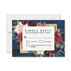 Navy Blue Burgundy Blush Pink Gold Rustic Wedding RSVP Card