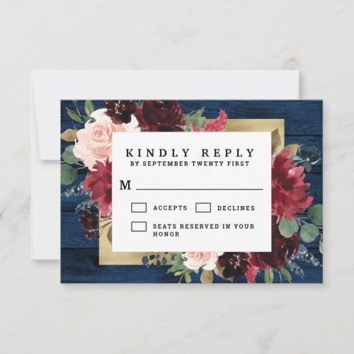 Navy Blue Burgundy Blush Pink Gold Rustic Wedding RSVP Card