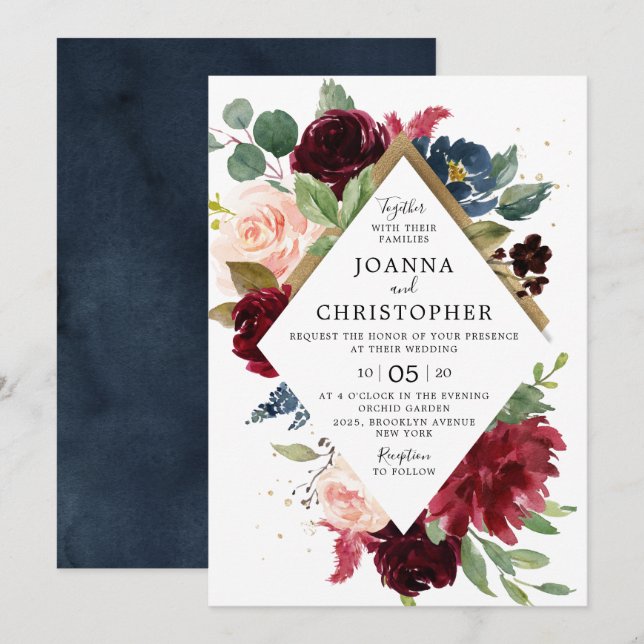 Navy Blue Burgundy Blush Pink Rose Boho Wedding Invitation (Front/Back)