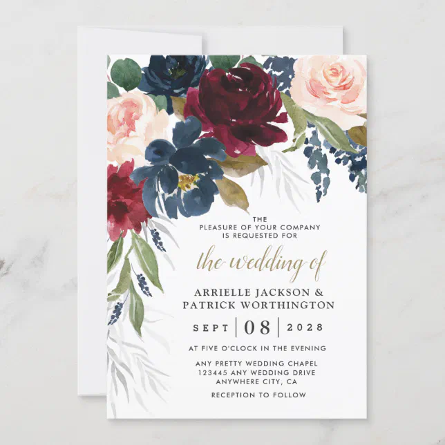 Navy Blue Burgundy Blush Pink Silver Gold Wedding Invitation | Zazzle