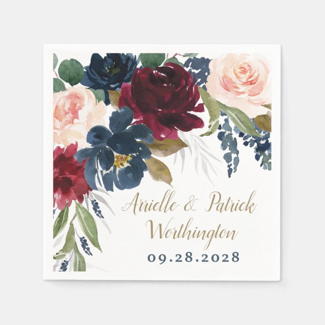 Navy Blue Burgundy Blush Pink Silver Gold Wedding Napkins (Front)