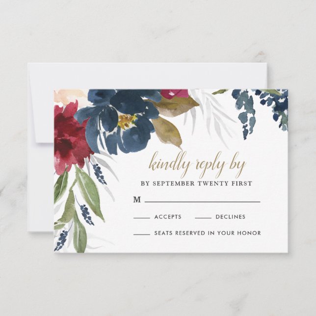 Navy Blue Burgundy Blush Pink Silver Gold Wedding RSVP Card (Front)