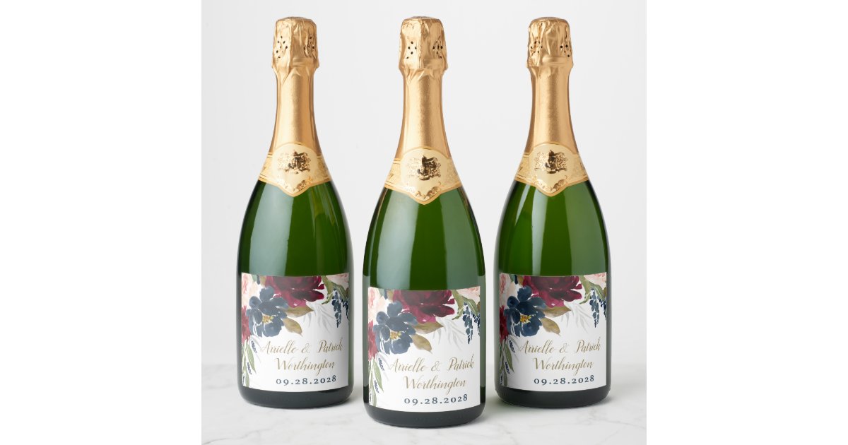 Navy Blue Burgundy Blush Pink Silver Gold Wedding Sparkling Wine Label ...