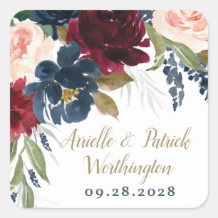 Navy Blue Burgundy Blush Pink Silver Gold Wedding Square Sticker