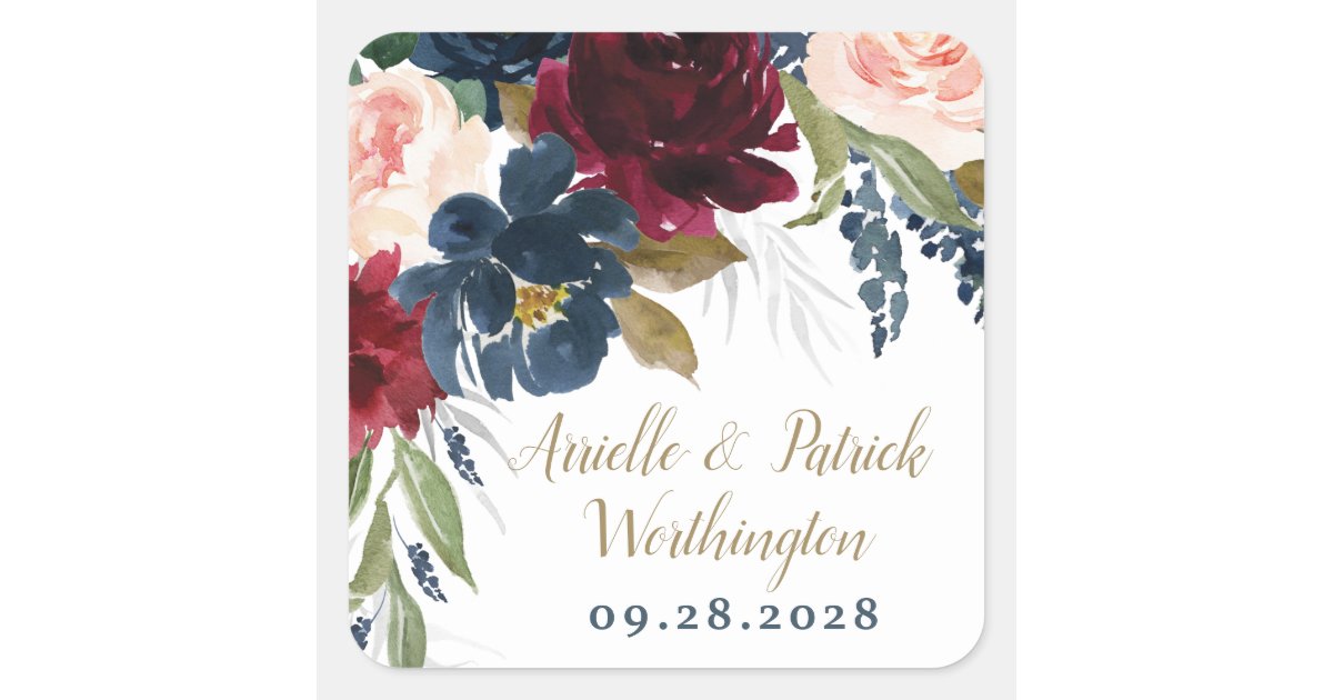 Navy Blue Burgundy Blush Pink Silver Gold Wedding Square Sticker | Zazzle