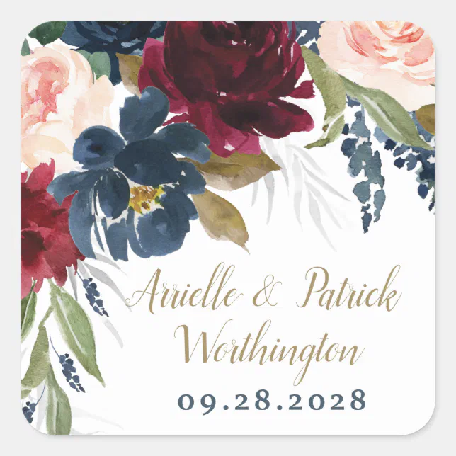 Navy Blue Burgundy Blush Pink Silver Gold Wedding Square Sticker | Zazzle