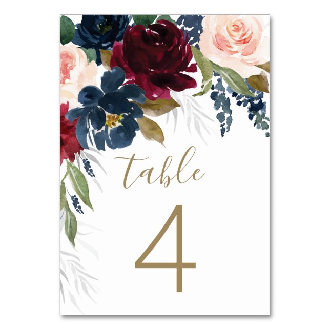 Navy Blue Burgundy Blush Pink Silver Gold Wedding Table Number (Front)
