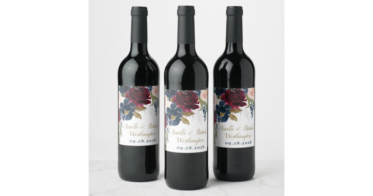 Navy Blue Burgundy Blush Pink Silver Gold Wedding Wine Label | Zazzle