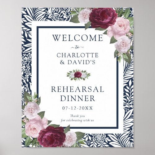 Navy Blue Burgundy Blush Rehearsal Dinner Welcome Poster