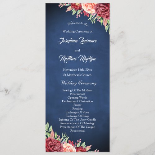 Navy Blue Burgundy Blush Rose Floral Wedding Program