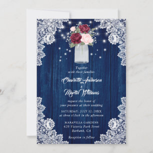 Navy Blue Burgundy Blush Rose Wood Floral Wedding Invitation