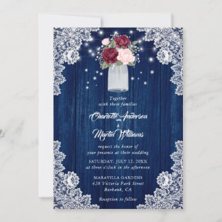 Navy Blue Burgundy Blush Rose Wood Floral Wedding Invitation