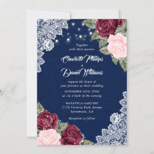 Navy Blue Burgundy Blush Rustic Floral Wedding Invitation