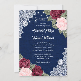Navy Blue Burgundy Blush Rustic Floral Wedding Invitation