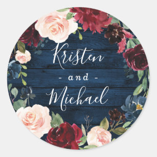 Navy Blue Burgundy Blush Watercolor Wreath Wedding Classic Round Sticker